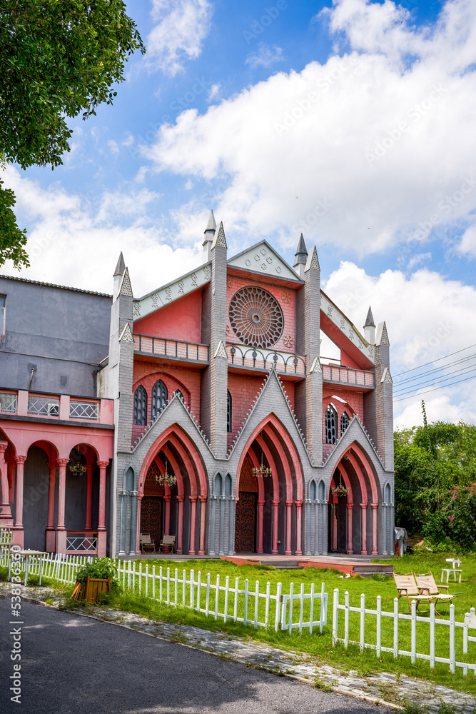 A European-style red Christian church A European-style red Christian church
