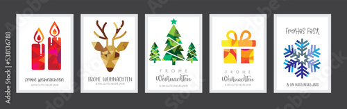 Weihnachtsgrüße mit fünf verschiedenfarbigen dekorativen Weihnachtsmotiven  - deutscher Text