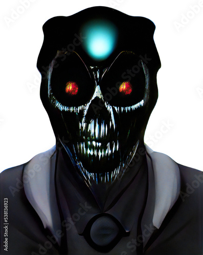 Ilustración digital de una pesadilla de Halloween en forma de villano con máscara de látex y dientes agresivos.