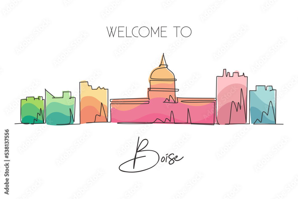 Naklejka premium One continuous line drawing of Boise city skyline, Idaho. World beautiful landscape tourism and travel vacation for wall decor print. Stylish single line draw graphic design vector illustration