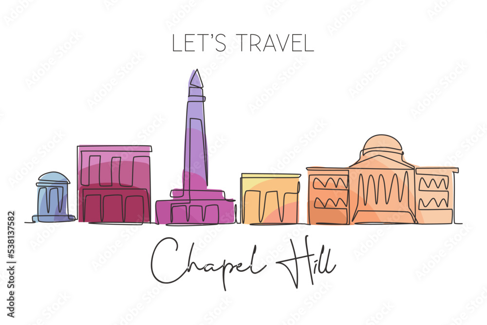 One single line drawing of Chapel Hill city skyline, North Carolina. Town landscape for home wall decor poster. Best holiday destination. Trendy continuous line draw graphic design vector illustration