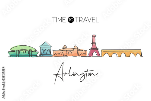 Single continuous line drawing of Arlington city skyline, Virginia, USA. Famous city for wall decor print. World travel concept. Editable stroke modern one line draw design vector illustration
