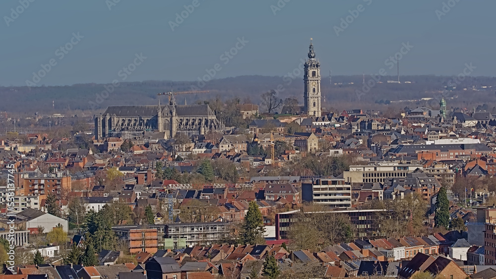 Baroque belfry tower of the city of Mons and surroundings, high angle view from terril de l`Heribus 