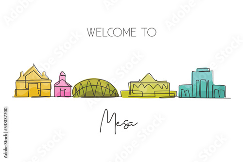 One continuous line drawing of Mesa city skyline, Arizona. World beautiful landscape tourism and travel vacation for wall decor print. Stylish single line draw graphic design vector illustration