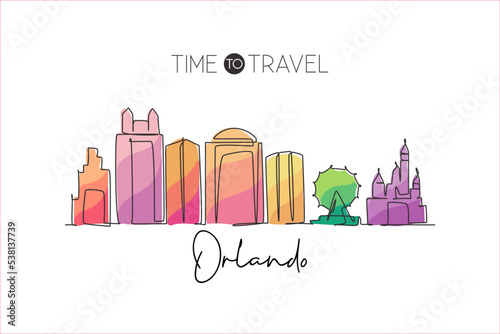 One single line drawing of Orlando city skyline, Florida. Historical town landscape in the world. Best holiday destination. Editable stroke trendy continuous line draw design vector illustration