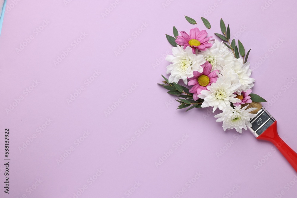Brush with colorful flowers of chrysanthemum on violet background, top view. Space for text. Creative concept Brush with colorful flowers of chrysanthemum on violet background, top view. Space for text. Creative concept