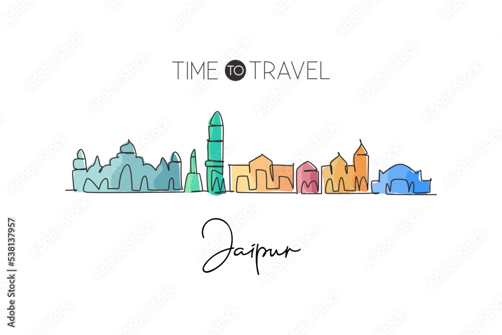 Obraz premium One continuous line drawing of Jaipur city skyline, India. Beautiful landmark. World landscape tourism travel home wall decor poster print art. Stylish single line draw design vector illustration
