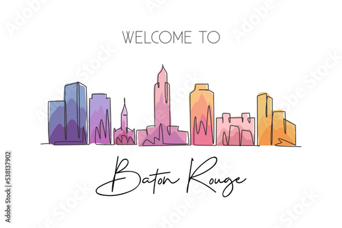 One single line drawing of Baton Rouge city skyline, Louisiana. Historical town landscape in the world. Best holiday destination. Editable stroke trendy continuous line draw design vector illustration