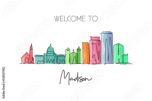 Single continuous line drawing of Madison city skyline, Wisconsin. Famous city scraper landscape. World travel home wall decor art poster print concept. Modern one line draw design vector illustration