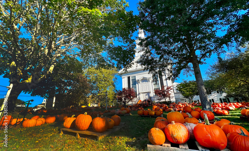 New England Church with Autumn Pumpkin Patch at Chatham, Cape Cod photo