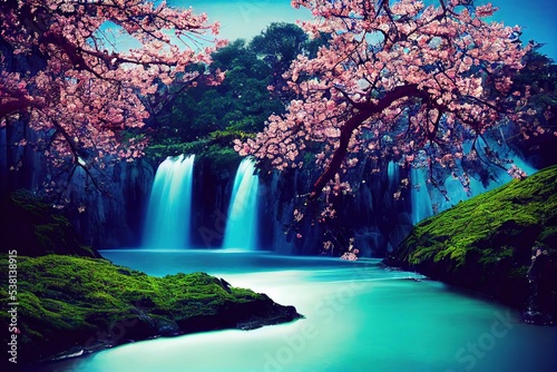 A blue fantasy waterfall with a sakura tree in front of it, water painting style