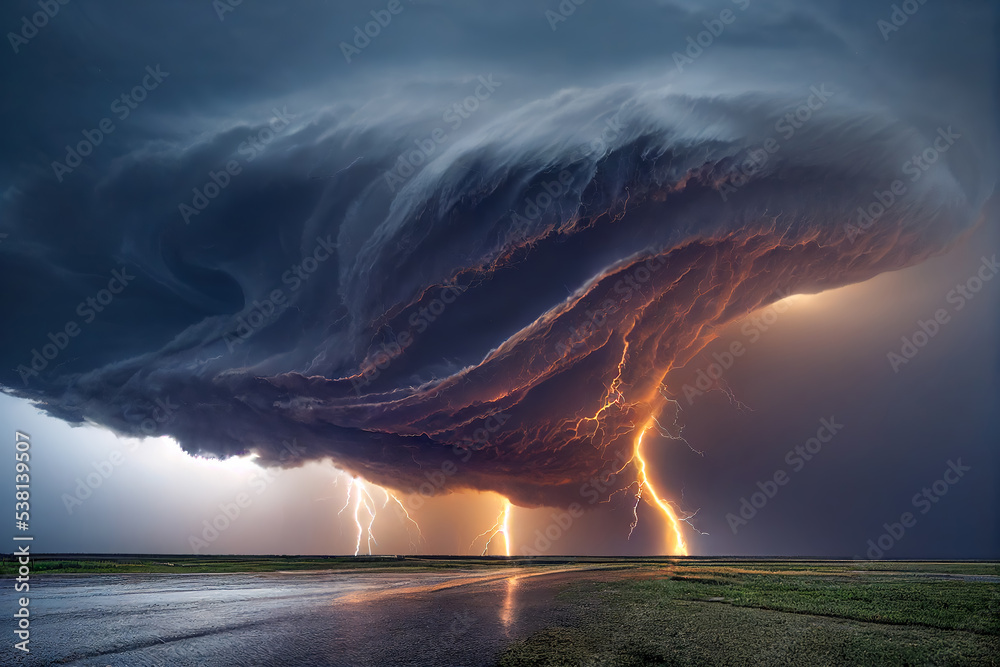 dramatic and powerful tornado. Lightning thunderstorm flash over the night sky. Concept on topic weather, cataclysms (hurricane, Typhoon, tornado, storm). Stormy Landscape. - obrazy, fototapety, plakaty 