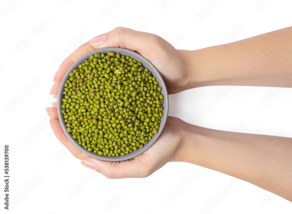 Woman holding bowl with green mung beans on white background, top view Woman holding bowl with green mung beans on white background, top view