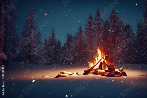 Fototapeta A bonfire in a snowy forest at night, winter