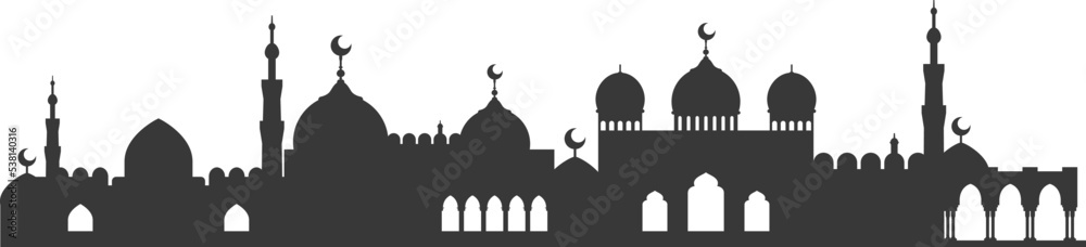 Muslim cityscape black monochrome background vector flat illustration. Arabic Islam city