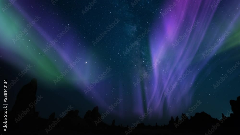 Aurora Purple Green and Milky Way Galaxy Trona Pinnacles 14mm Pan R