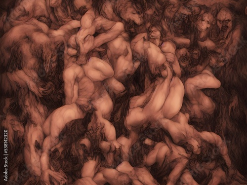 Monster beasts, men and women in sensual sexy orgy artistic painting, furr everywhere, sexual fantasy dream photo