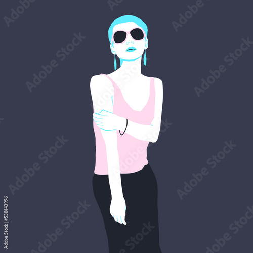 Fashion minimal illustration. Stylish girl summer glamor retro look