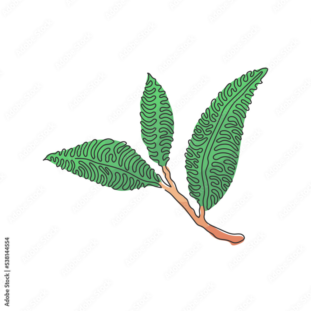 Fototapeta premium Single continuous line drawing healthy organic tea leaves for plantation logo identity. Fresh tender bud of tea shoot concept for tea leaf icon. Swirl curl style. Dynamic one line draw design vector