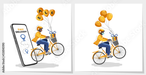 Delivery Man in Yellow on Bicycle . Vector illustration Set