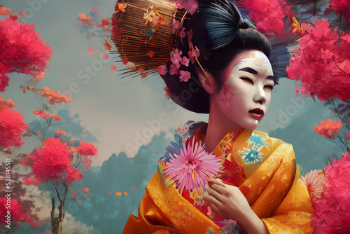 Illustration of Beautiful Asian Woman with Floral Background