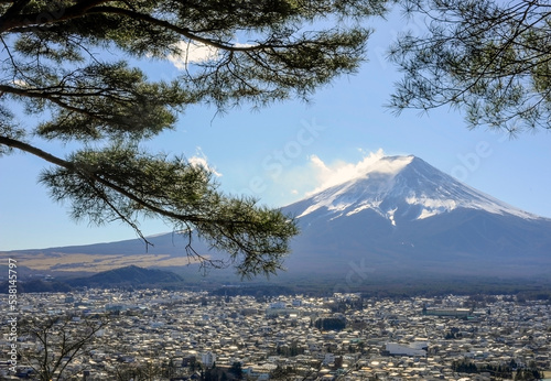 snow covered fuji mountains.