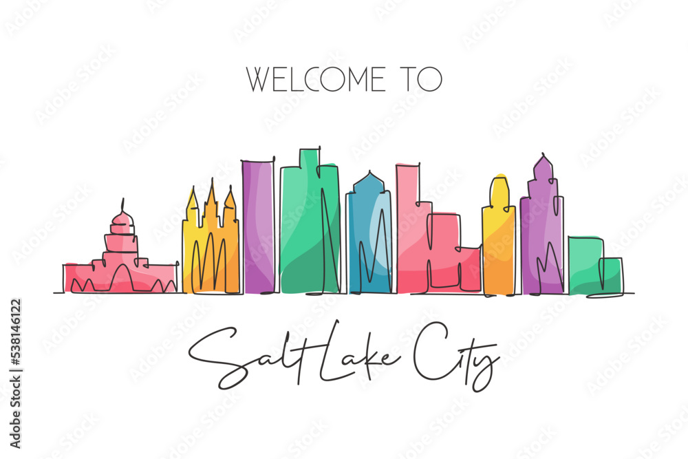 One single line drawing visit Salt Lake City skyline, Utah. World beauty town landscape art. Best holiday destination postcard. Editable stroke trendy continuous line draw design vector illustration