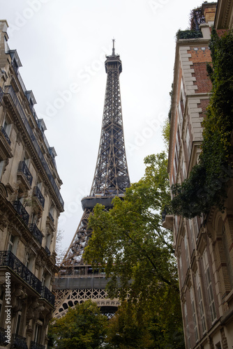 view of the eiffel tower between buildings  © iago