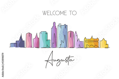 Single continuous line drawing of Augusta city skyline, Georgia. Famous city scraper landscape. World travel home wall decor art poster print concept. Modern one line draw design vector illustration photo