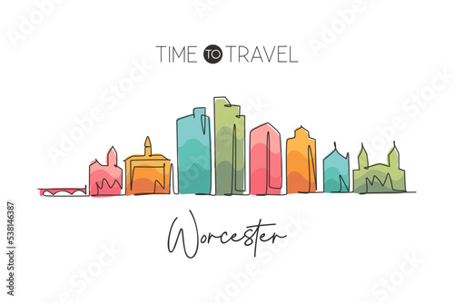 Single continuous line drawing Worcester skyline, Massachusetts. Famous city scraper landscape. World travel home wall decor art poster print concept. Modern one line draw design vector illustration