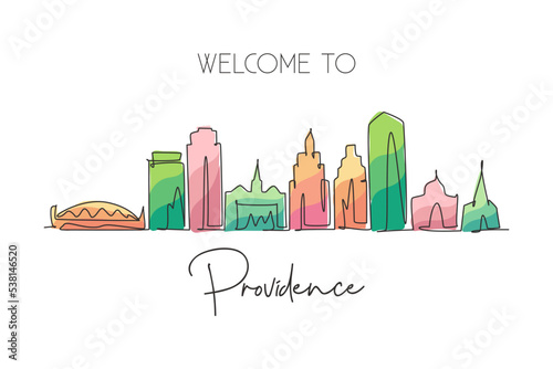 Single continuous line drawing Providence skyline, Rhode Island. Famous city scraper landscape. World travel home wall decor art poster print concept. Modern one line draw design vector illustration