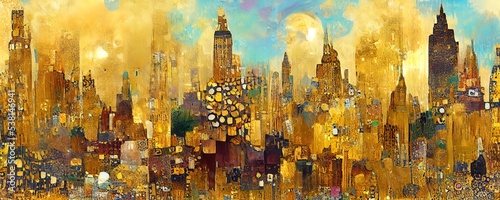 High resolution panorama background of a cityscape in the style of Gustav Klimt. Perfect as a background or for use in an art projects.
