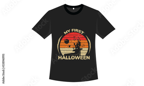   Halloween Pumpkin Vector Illustration T-shirt Design T-shirt mockup in white  gray and black colors.