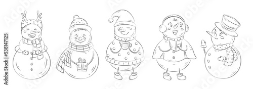 Cute Christmas snowman. Vector hand drawn set of winter holidays snowmen in different costume with xmas gift, cup of cacao, songbook, book. Winter icon for greeting card, poster, sticker, web banner.
