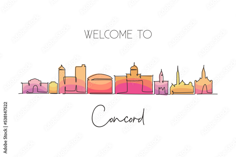 Single continuous line drawing of Concord skyline, New Hampshire. Famous city scraper landscape. World travel home wall decor art poster print concept. Modern one line draw design vector illustration