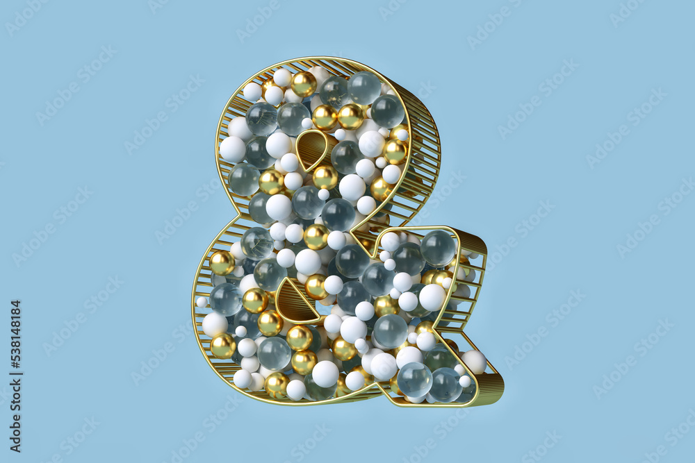 3D Christmas font of gold, crystal and white baubles floating in a golden letter Ampersand shape in a modern creative concept. High quality 3D rendering. 3D Christmas font of gold, crystal and white baubles floating in a golden letter Ampersand shape in a modern creative concept. High quality 3D rendering.