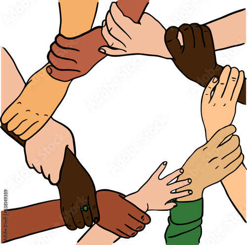 Multiracial human hands make circle with blank space in the middle. Cultural equity, diversity togetherness concept. Round symbol of unity, team, group, partnership, leading, support, community.