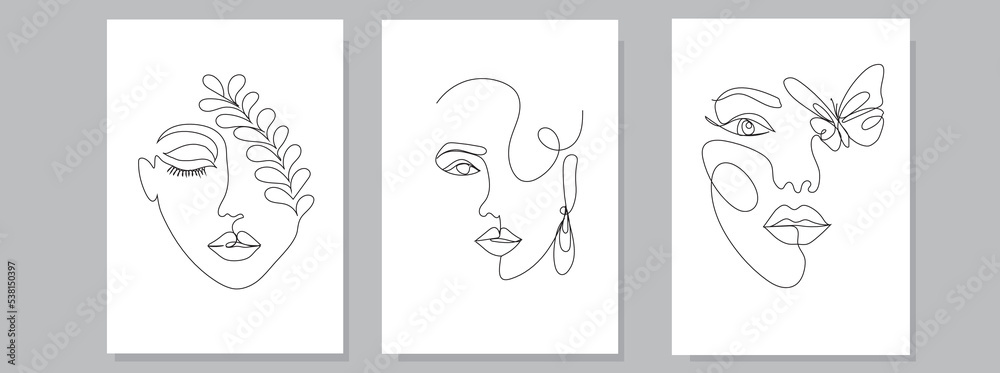Continuse one line art drawing women's faces set.