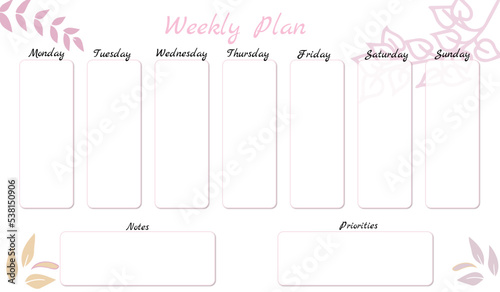 Weekly Plan, organizer, planner for your notes and notes, with elements of grass, leaves in pastel tones.