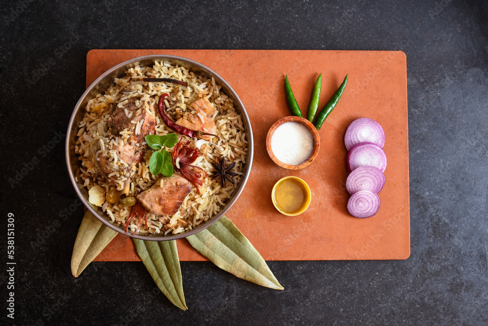 Delicious mutton biryani top view.Biryani rice dish Beautiful Indian