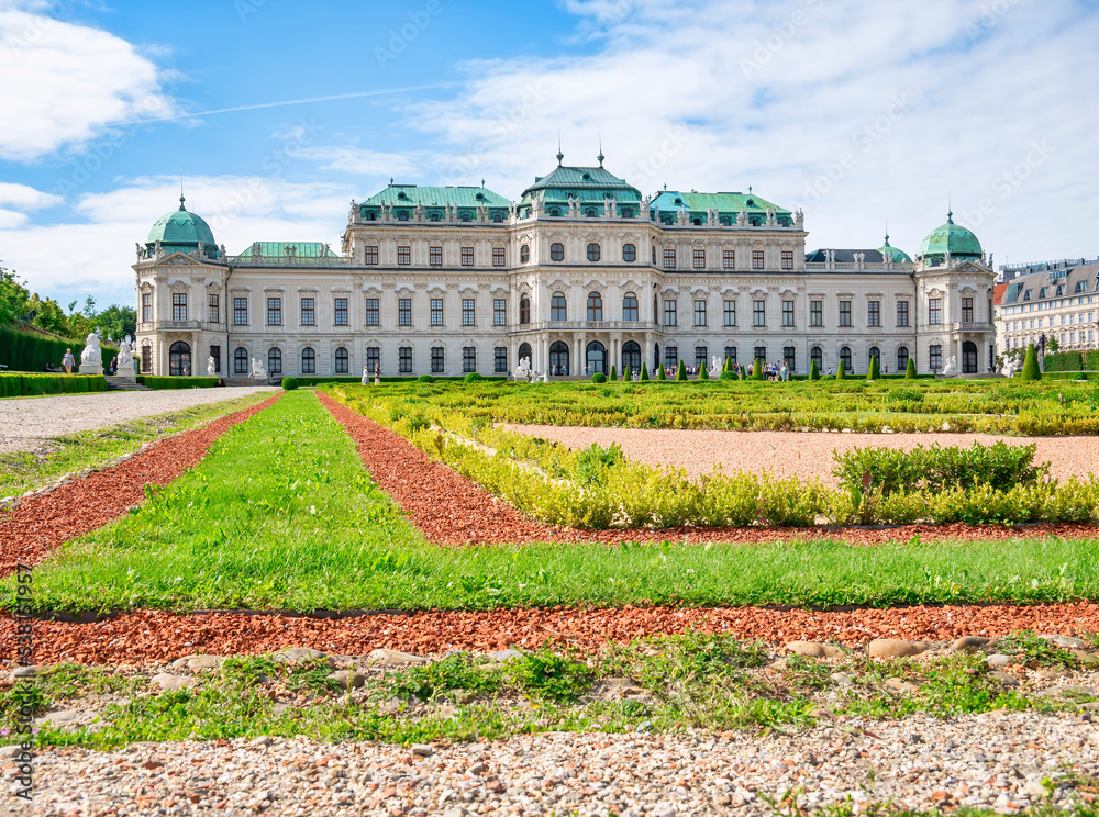 View with Belvedere Palace (Schloss Belvedere) built in Baroque architectural style and located in Vienna, Austria