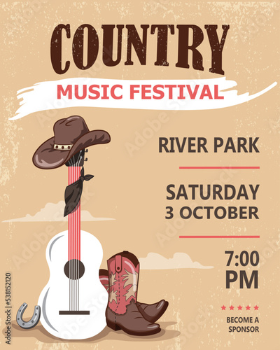 Poster of country live music festival. Concert banner template with guitar and cowboy hat western style concept illustration 