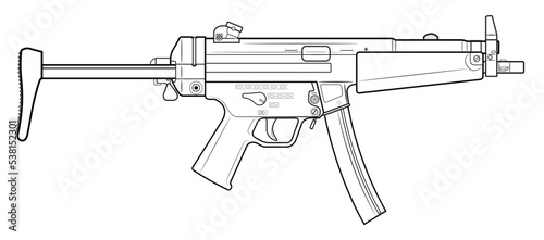 Vector illustration of the MP5 machine gun with unfolded stock on the white background. Right side