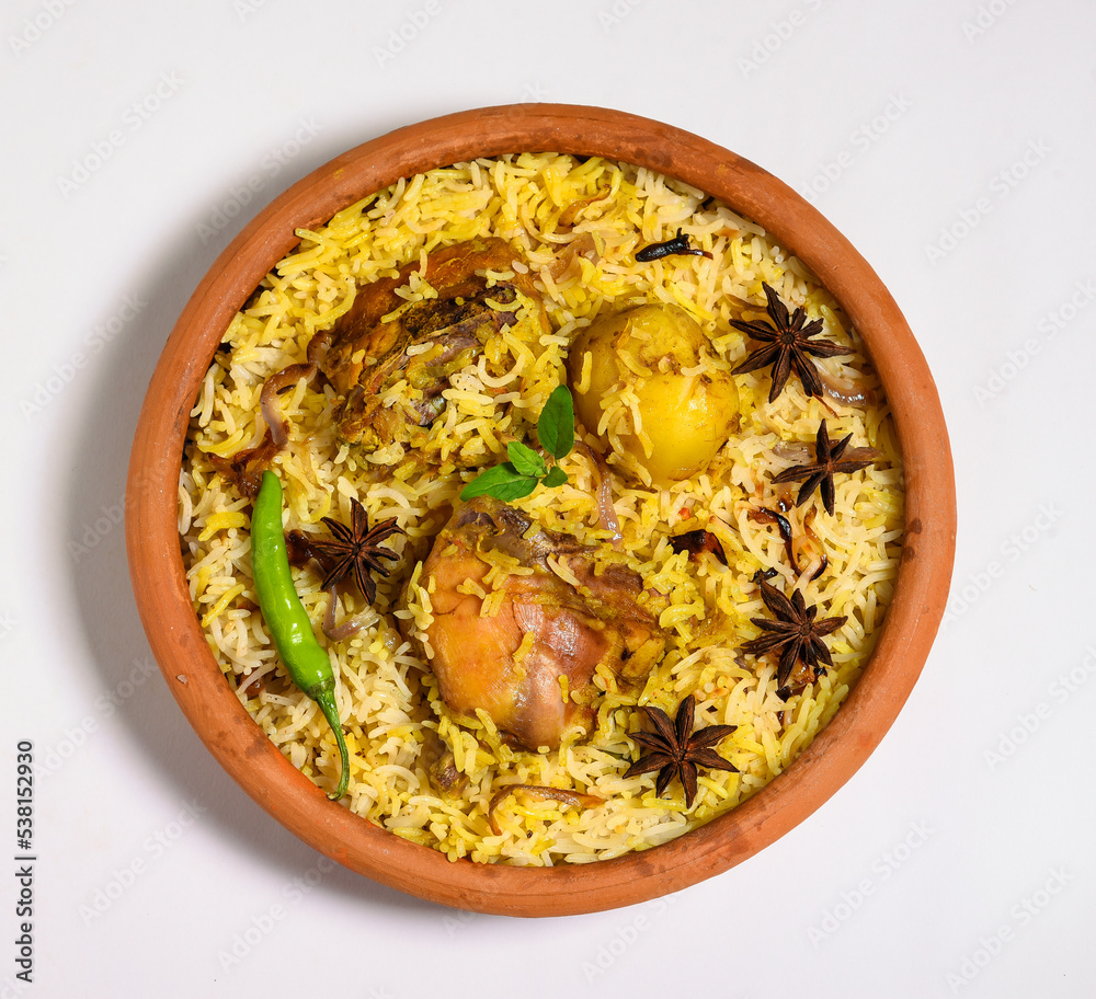 Delicious mutton biryani top view.Biryani rice dish Beautiful Indian