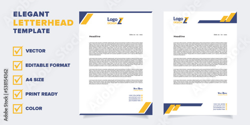 modern letterhead template for business company stationery design with A4 sheet vector format and editable layout in yellow and blue color