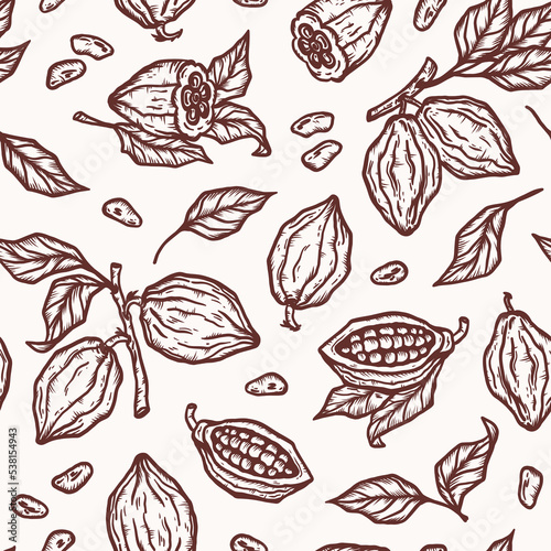Cacao Pods. Cocoa Beans and Leaves Seamless Pattern. Vector Fruits. Floral Background. Great for Packaging design of Chocolate or cocoa powder.