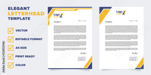 modern letterhead template for business company stationery design with A4 sheet vector format and editable layout in yellow and blue color