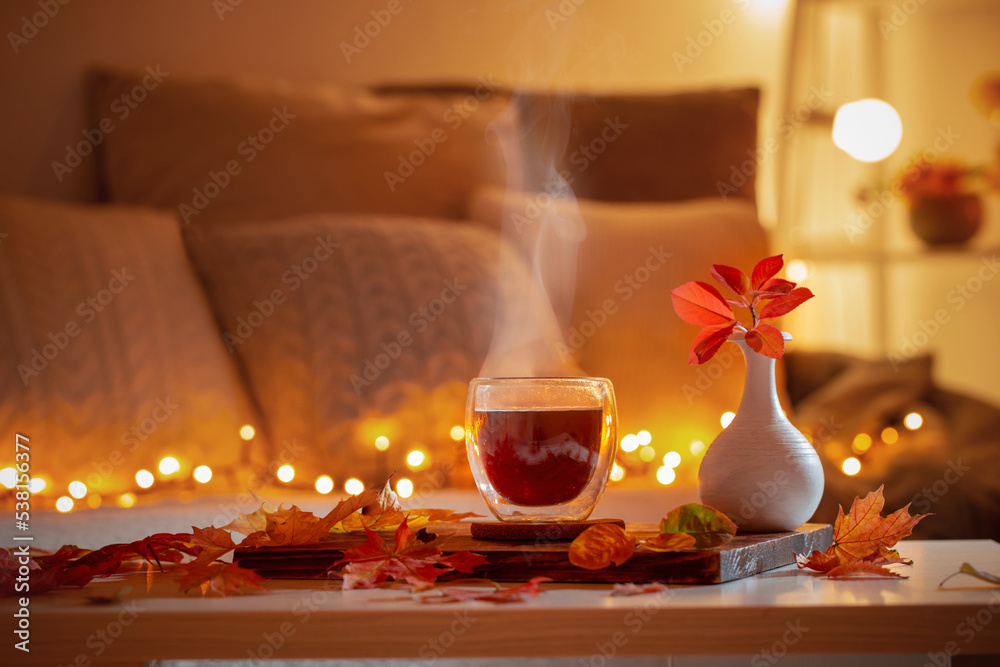 Stockfoto thermo glass with hot tea in dark night room with autumnal leaves  | Adobe Stock