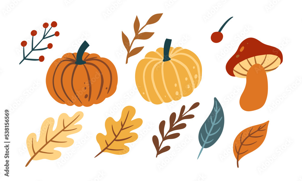 Set of cute leaf, vegetable and mushroom for autumn design element. Collection of simple cartoon of nature hand drawn illustration. Set of cute leaf, vegetable and mushroom for autumn design element. Collection of simple cartoon of nature hand drawn illustration.