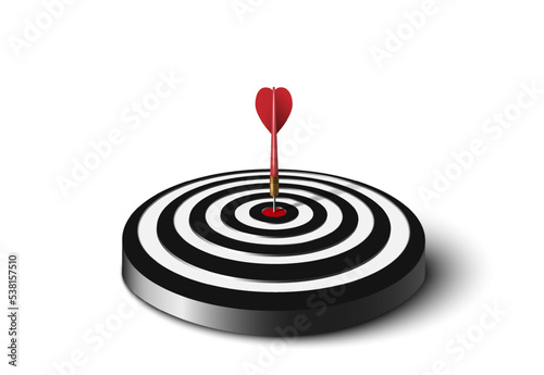 Red dart hit to center of dartboard on the floor. Arrow on bullseye in target. Business success, investment goal, opportunity challenge, aim strategy, achievement focus concept. 3d vector illustration